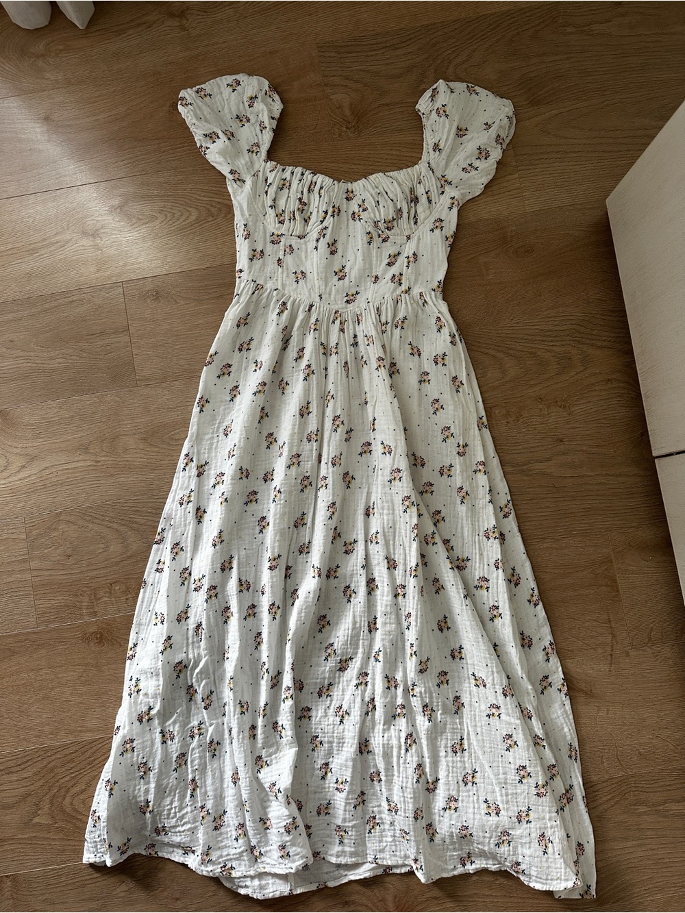 Romanic Garden Girl White Floral Bodice Puff-Sleeve Cotton Maxi Dress sz L - Picture 2 of 14